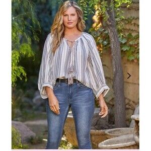 Karen Kane Balloon Sleeve Striped Colorful Lightweight Peasant Top Tassels Small